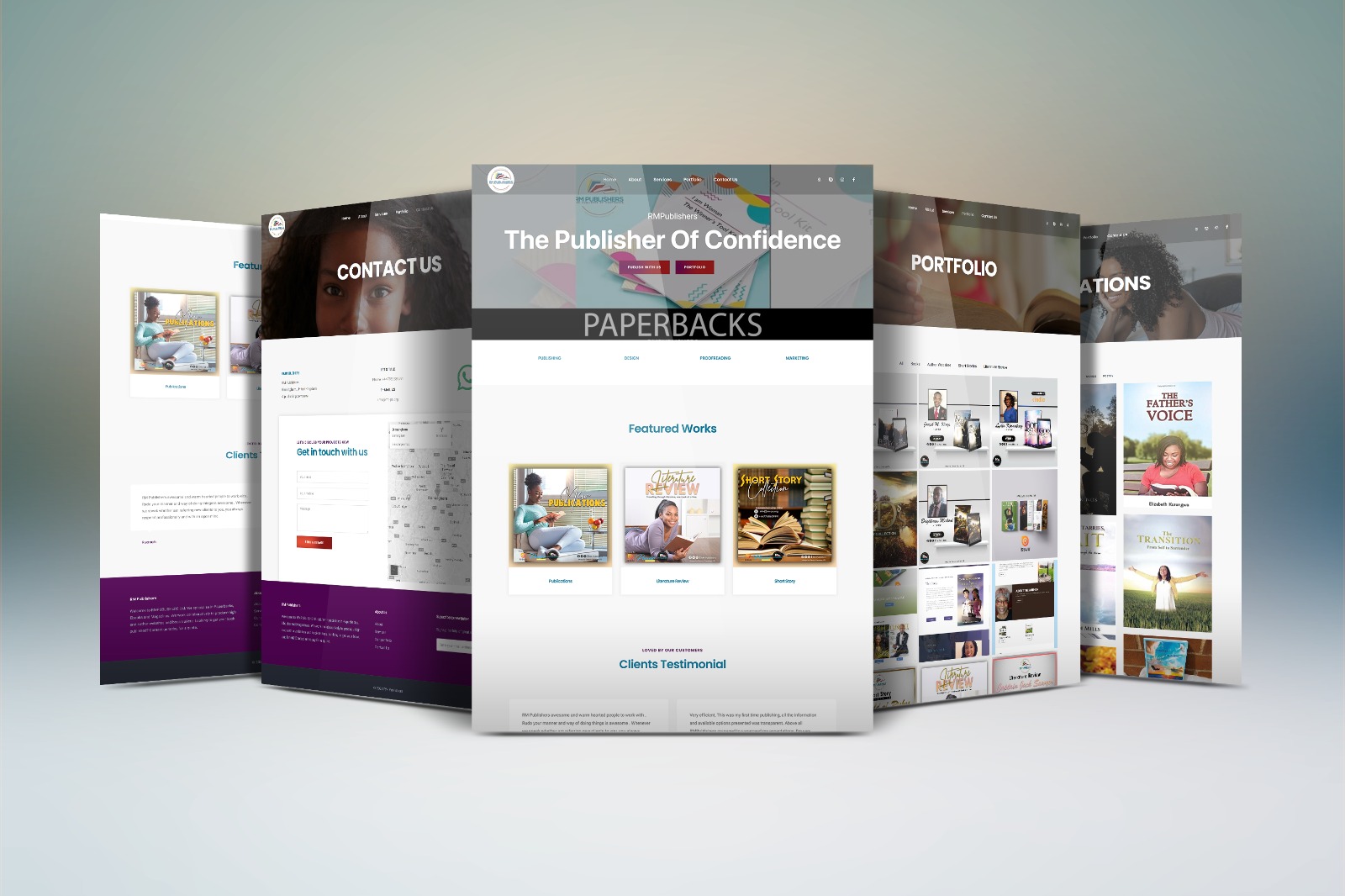 Website mockup for a publishing company showcasing homepage, portfolio, and publications